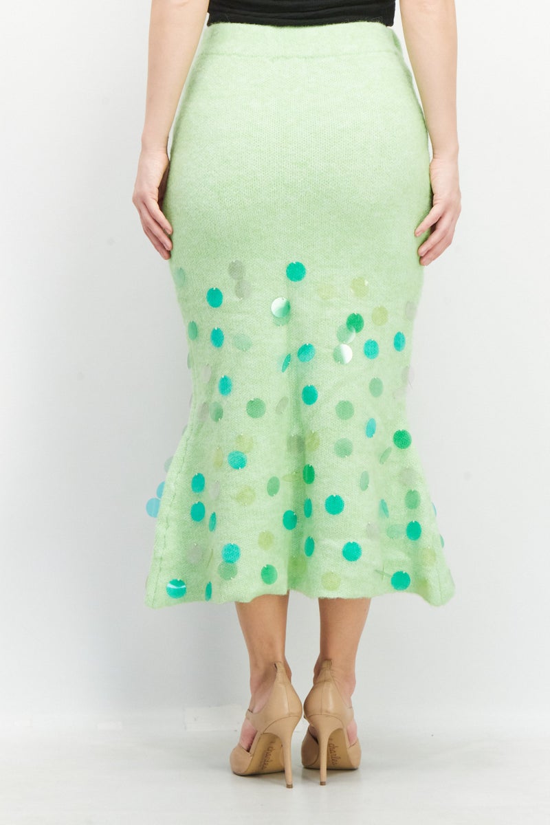 Reserved Women Wool Blend Textured Midi Skirt, Lime Green - Image 2