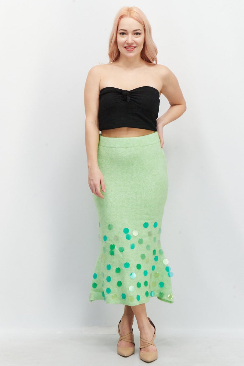 Reserved Women Wool Blend Textured Midi Skirt, Lime Green - Image 4