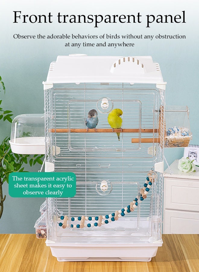 DUNISO Birdcages Bird Cages Acrylic Landscape Birdcage Double Layer Detachable Clear View Front Medium Bird Villa with Wooden Station Pole， Egg-laying Box, Ladder, Shower Box， Drinker, Food Container Snap-fit Design Double Door Parrot Cage for Cockatiels Budgies Finches Canaries - Image 5