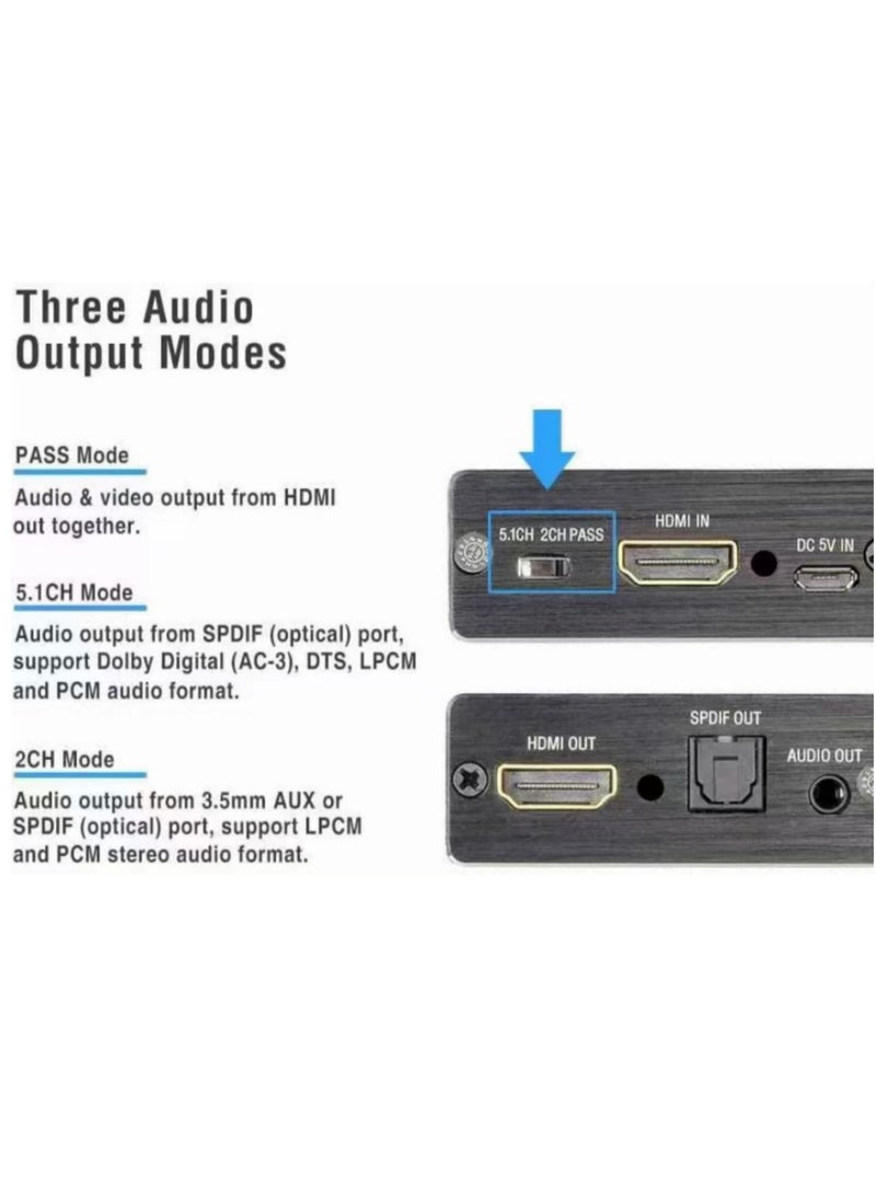 ماركة غير محددة مستخرج صوت HDMI إلى ضوئي TOSLINK SPDIF مع مقسم صوت ستيريو 3.5 مم، يدعم Dolby Digital/DTS 5.1 قنوات، و3 أوضاع EDID (تمرير/2 قناة/5.1 قناة) لتلفزيون HDTV وساوندبار ومسرح منزلي  - Image 5