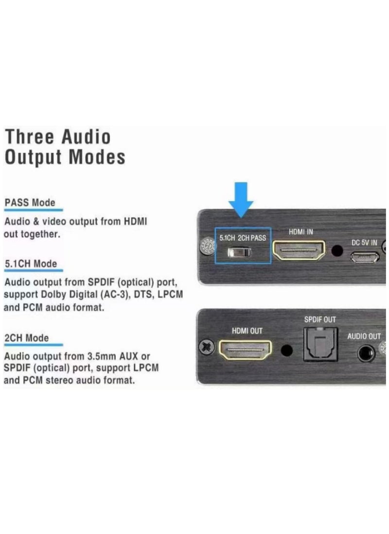 Generic - HDMI Audio Extractor HDMI to Optical TOSLINK SPDIF with 3.5mm Stereo Audio Splitter Converter Supports Dolby Digital/DTS 5.1CH, 3 EDID Modes (Pass/2CH/5.1CH) for HDTV Soundbar Home Theater - Image 1