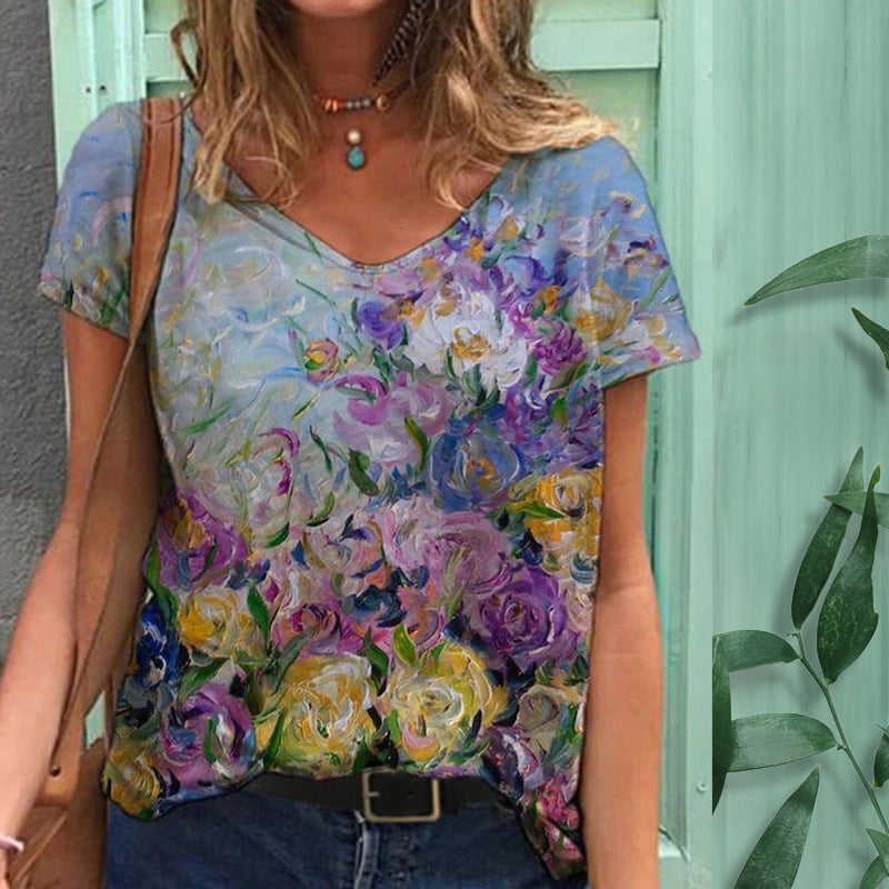 2022 Summer Explosions 3D Printing V-Neck Casual Loose Short-sleeved T-shirt - Image 3