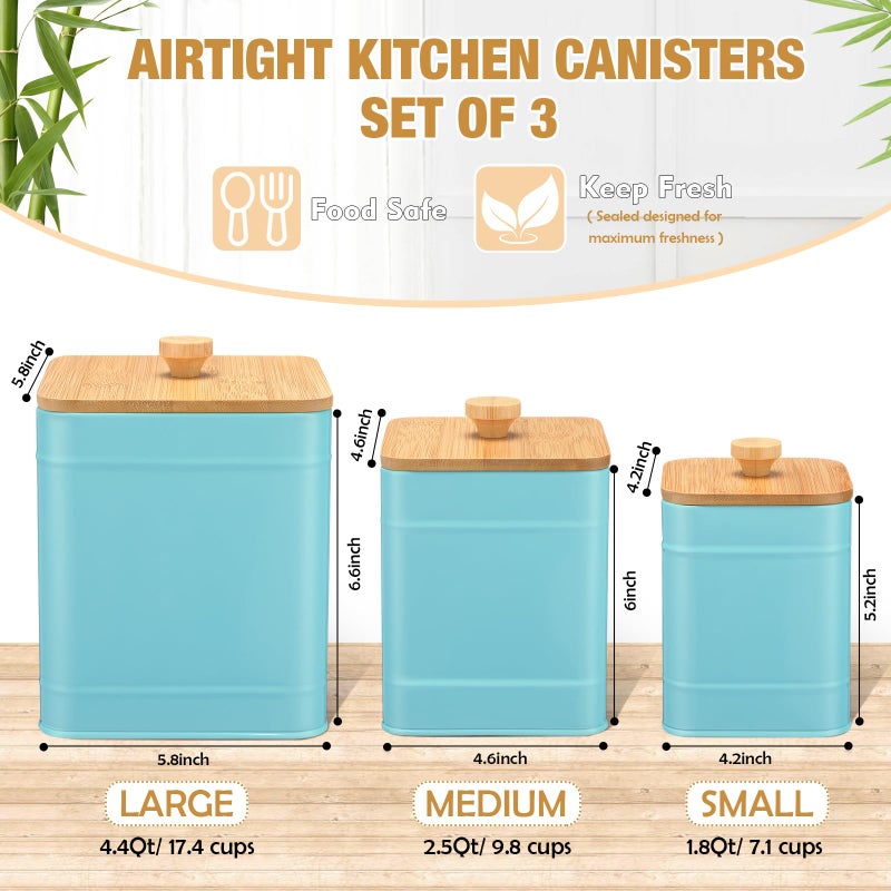Tioncy Kitchen Canisters for Countertop Set of 3 Metal Canisters Sets with Bamboo Lids Spoon Airtight High Capacity Coffee Tea Sugar Flour Jars with DIY Labels Farmhouse Food Storage(Turquoise,L,M,S) - Image 2