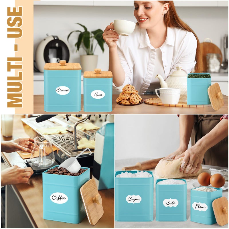 Tioncy Kitchen Canisters for Countertop Set of 3 Metal Canisters Sets with Bamboo Lids Spoon Airtight High Capacity Coffee Tea Sugar Flour Jars with DIY Labels Farmhouse Food Storage(Turquoise,L,M,S) - Image 5