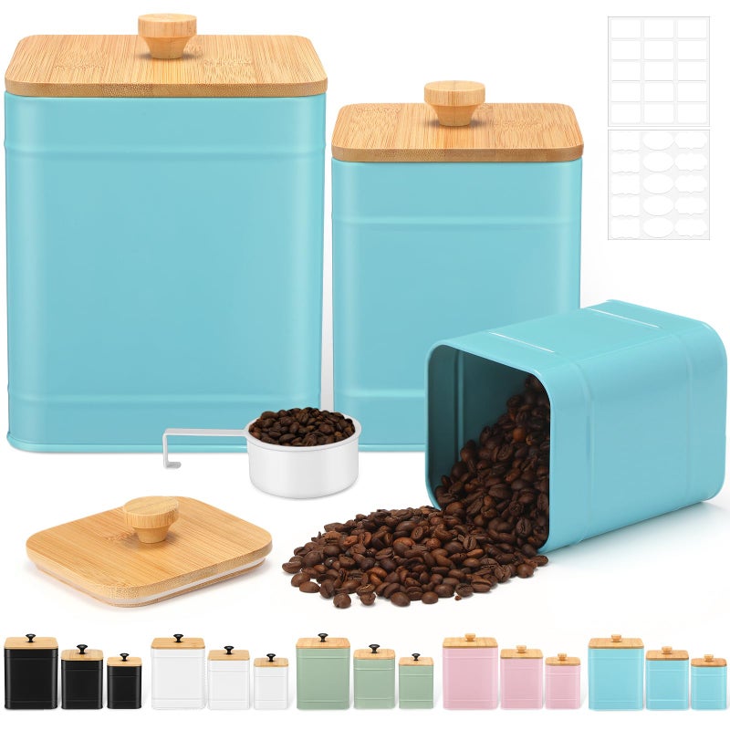 Tioncy Kitchen Canisters for Countertop Set of 3 Metal Canisters Sets with Bamboo Lids Spoon Airtight High Capacity Coffee Tea Sugar Flour Jars with DIY Labels Farmhouse Food Storage(Turquoise,L,M,S) - Image 1