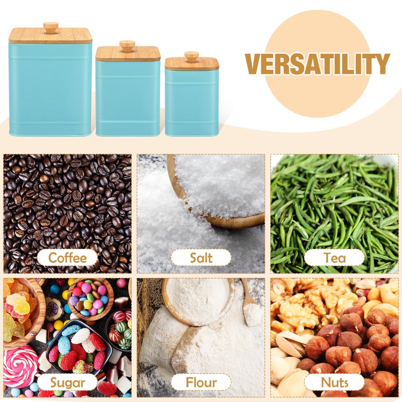 Tioncy Kitchen Canisters for Countertop Set of 3 Metal Canisters Sets with Bamboo Lids Spoon Airtight High Capacity Coffee Tea Sugar Flour Jars with DIY Labels Farmhouse Food Storage(Turquoise,L,M,S) - Image 4
