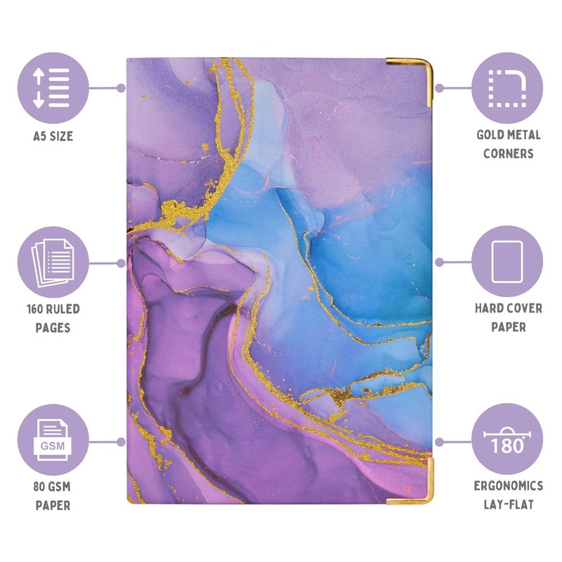 Doodle Personalized Premium Hard Bound Notebook with Metal Corners | A5 (8.25 x 5.7) | 160 Pages, 80 gsm | Foam Padding | 2 Bookmark Ribbons | Flat Opening - Periwinkle - Image 3