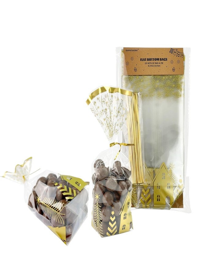 EKAPACKAGING 25 Pcs 4.3 x 8.3 Inches Flat Bottom Cellophane Bags, Christmas Treat Bags with Ties for Party Favors, Snacks, and Candy - Image 1