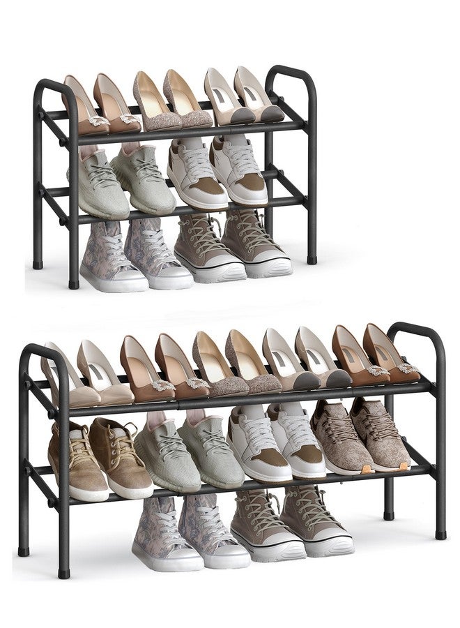 SONGMICS SONGMICS Expandable Shoe Rack, 2 Tier Shoe Rack Shelf, Adjustable Shoe Organizer Storage for 15 Pairs of Shoes, Metal Free Standing Shoe Racks for Closet, Front Door Entryway, Easy Assembly, Ink Black  - Image 1