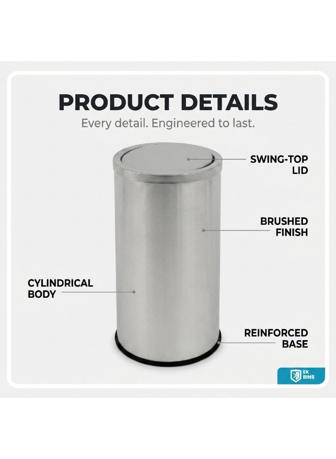 EK Bins Swing-Lid Trash Bin | Brushed Stainless Steel Finish | Detachable Inner Liner | Suitable For Bathrooms, Kitchens, Homes & Communal Spaces | 30 Liters - Image 2