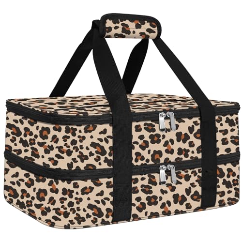 esouler Double Insulated Casserole Carrier Bag Hot Cold Food Carrier Bag Lasagna Holder Lunch Bag for Picnics Parties Travel Fits 9 x 13 Inches Casserole DishLeopard - Image 1