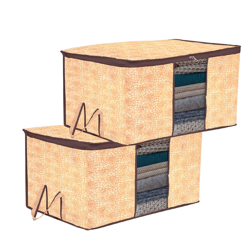 Kuber Industries Underbed Storage Bag Clothes Storage Bag Blanket Cover with Clear Window Zipper Closure Handle Cloth Organizer FlowerDesign Large Pack of 2 Brown - Image 1