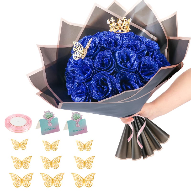 iMXPW Glitter Roses Bouquet, 24 Roses DIY Fake Glitter Flowers Bouquet, Everlasting Shiny Artificial Red Rose Bouquet for Mothers Day Gifts, Anniversary, Engagement, Wedding (Blue) - Image 1