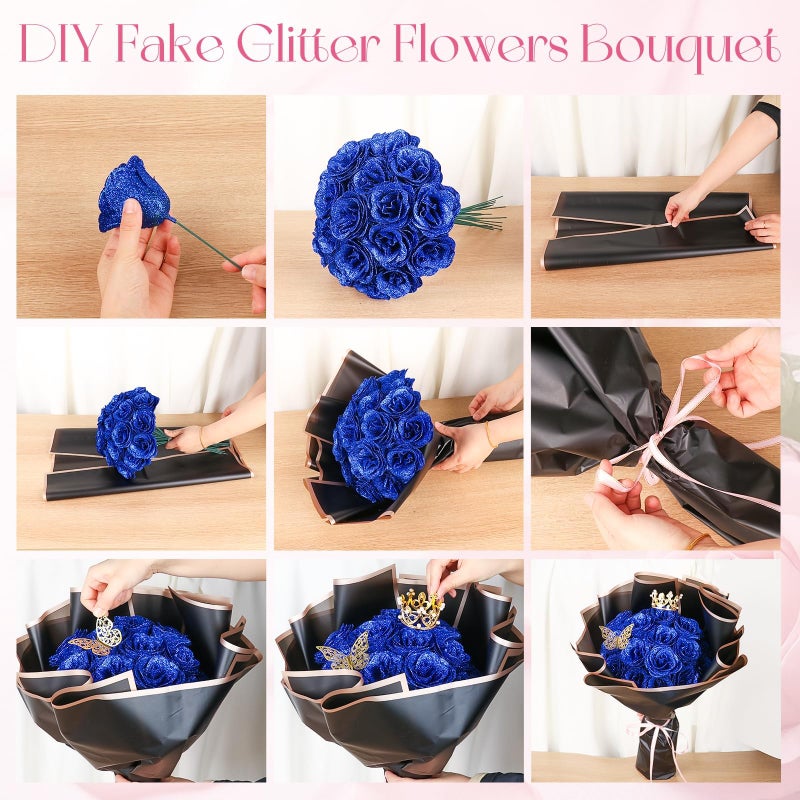 iMXPW Glitter Roses Bouquet, 24 Roses DIY Fake Glitter Flowers Bouquet, Everlasting Shiny Artificial Red Rose Bouquet for Mothers Day Gifts, Anniversary, Engagement, Wedding (Blue) - Image 5