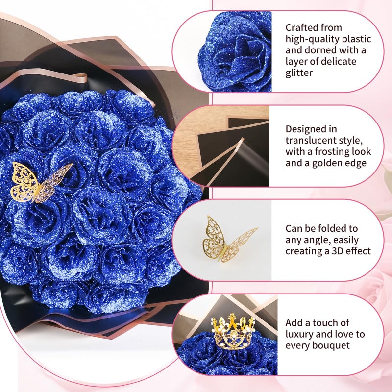 iMXPW Glitter Roses Bouquet, 24 Roses DIY Fake Glitter Flowers Bouquet, Everlasting Shiny Artificial Red Rose Bouquet for Mothers Day Gifts, Anniversary, Engagement, Wedding (Blue) - Image 2
