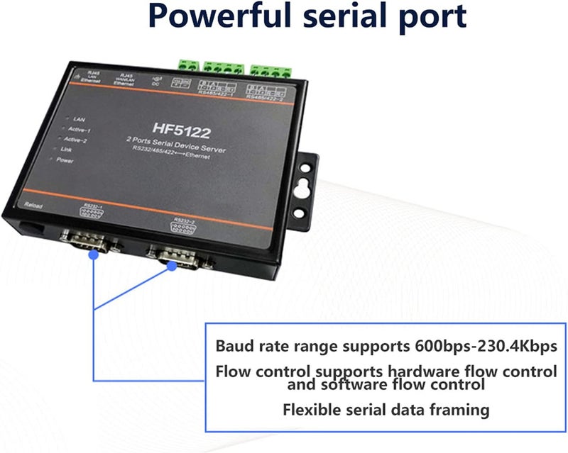 HF - 5122 Dual Serial Port to Ethernet Server, RS232 RS485 RS422 Serial Server, 5-36VDC Power Supply with 2 RJ45 Ports, High - Speed Data Transmission up to 230400 BPS for Indust - Image 3