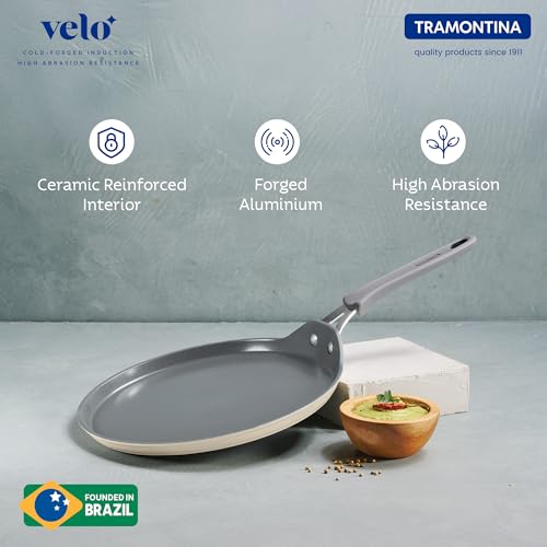 Tramontina Velo 28cm Forged with Ceramic Reinforced Interior Flat Dosa Tawa | Raised Edges | Gas/Induction Cookware | Tawa for Dosa,Uttapam | Stainless Steel Handle | Silicone Grip | Sand Beige - Image 2