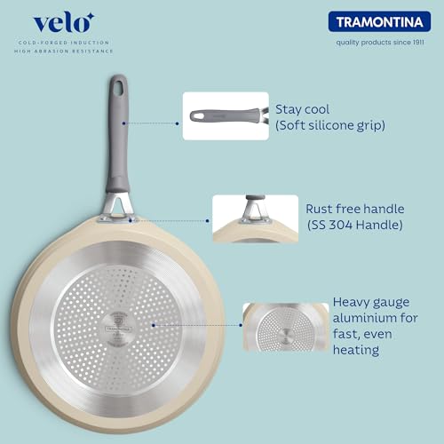 Tramontina Velo 28cm Forged with Ceramic Reinforced Interior Flat Dosa Tawa | Raised Edges | Gas/Induction Cookware | Tawa for Dosa,Uttapam | Stainless Steel Handle | Silicone Grip | Sand Beige - Image 4