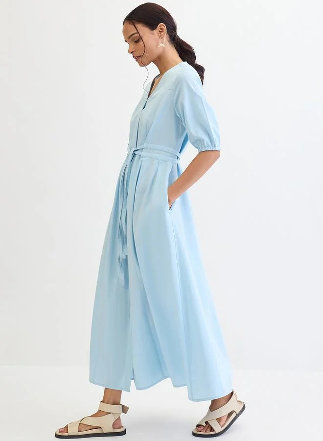 Femmella Sky Blue Cotton Linen Maxi Dress