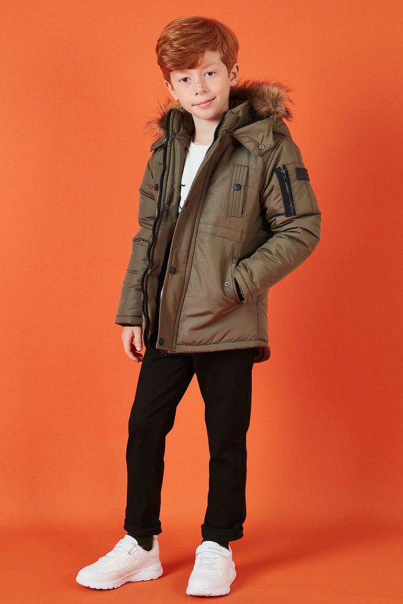 Lela Collar Faux Fur Plush Lined Hooded Slim Cut Coat Boy's COAT 6031050  - Image 1
