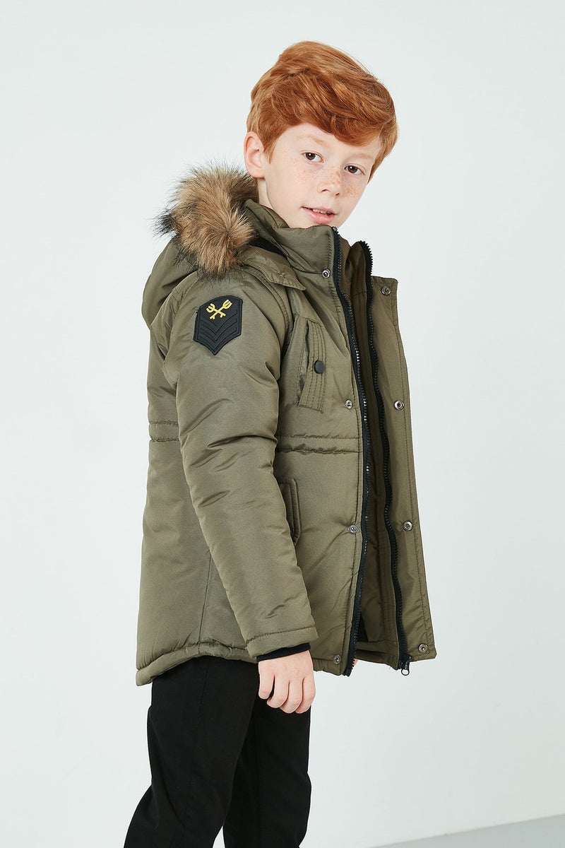 Lela Collar Faux Fur Plush Lined Hooded Slim Cut Coat Boy's COAT 6031050  - Image 3
