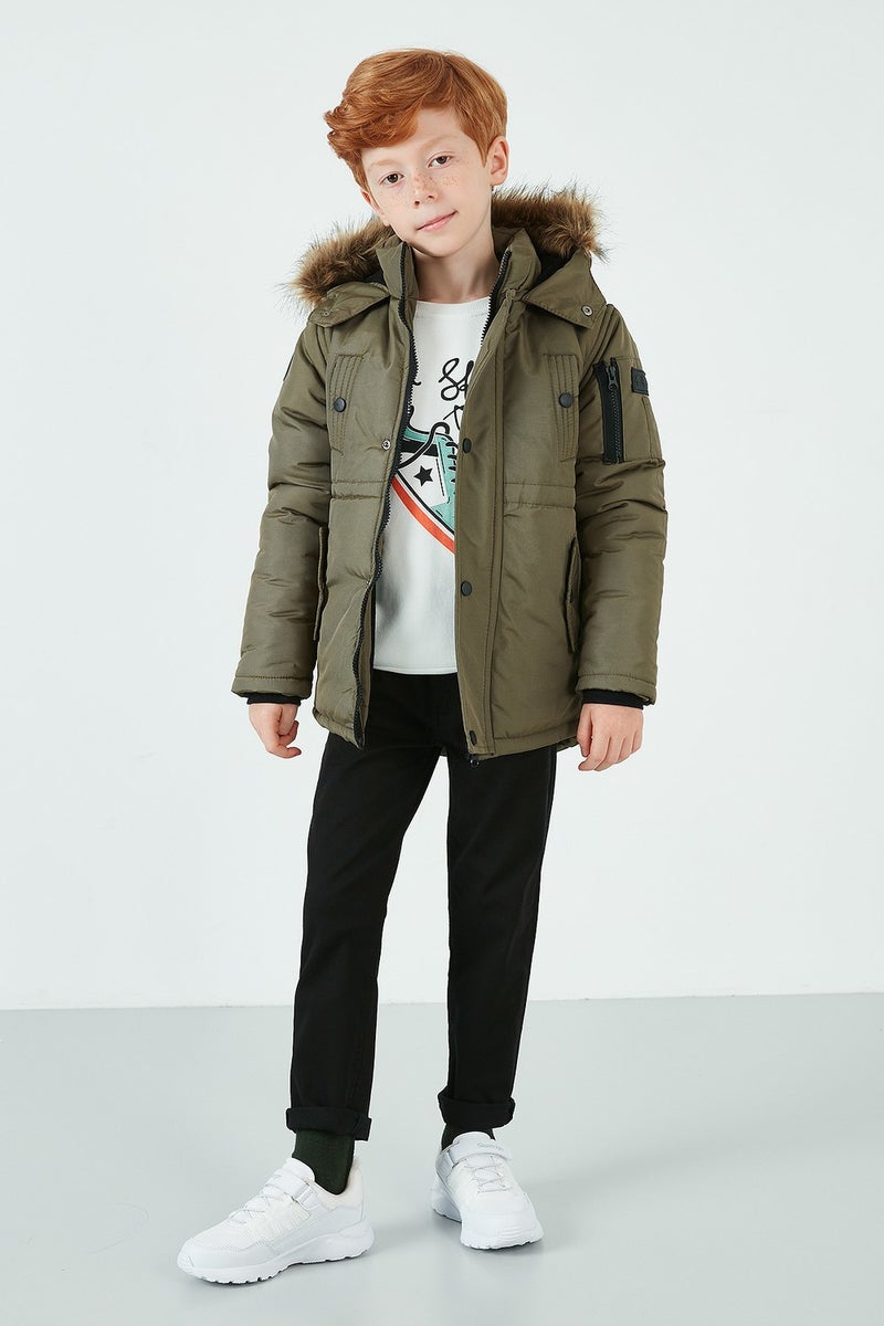 Lela Collar Faux Fur Plush Lined Hooded Slim Cut Coat Boy's COAT 6031050  - Image 4