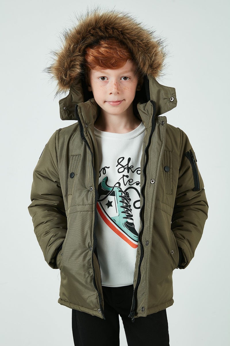Lela Collar Faux Fur Plush Lined Hooded Slim Cut Coat Boy's COAT 6031050  - Image 5