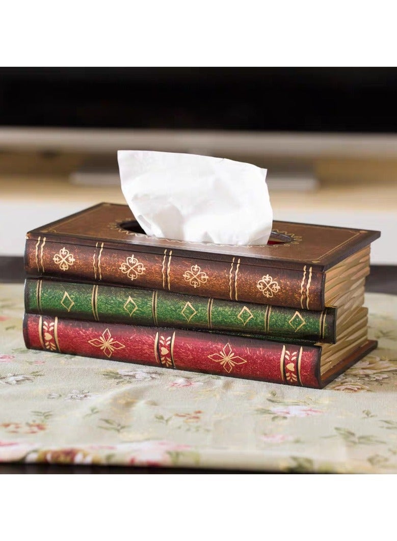 LINGWEI Wooden Tissue Box Antic Book Shaped Tissue Holder Decorative Tissue Case Tissue Storage Organizer Office and Home Decor Accent hand-painted Tissue Box For Home Office Restaurants - Image 3