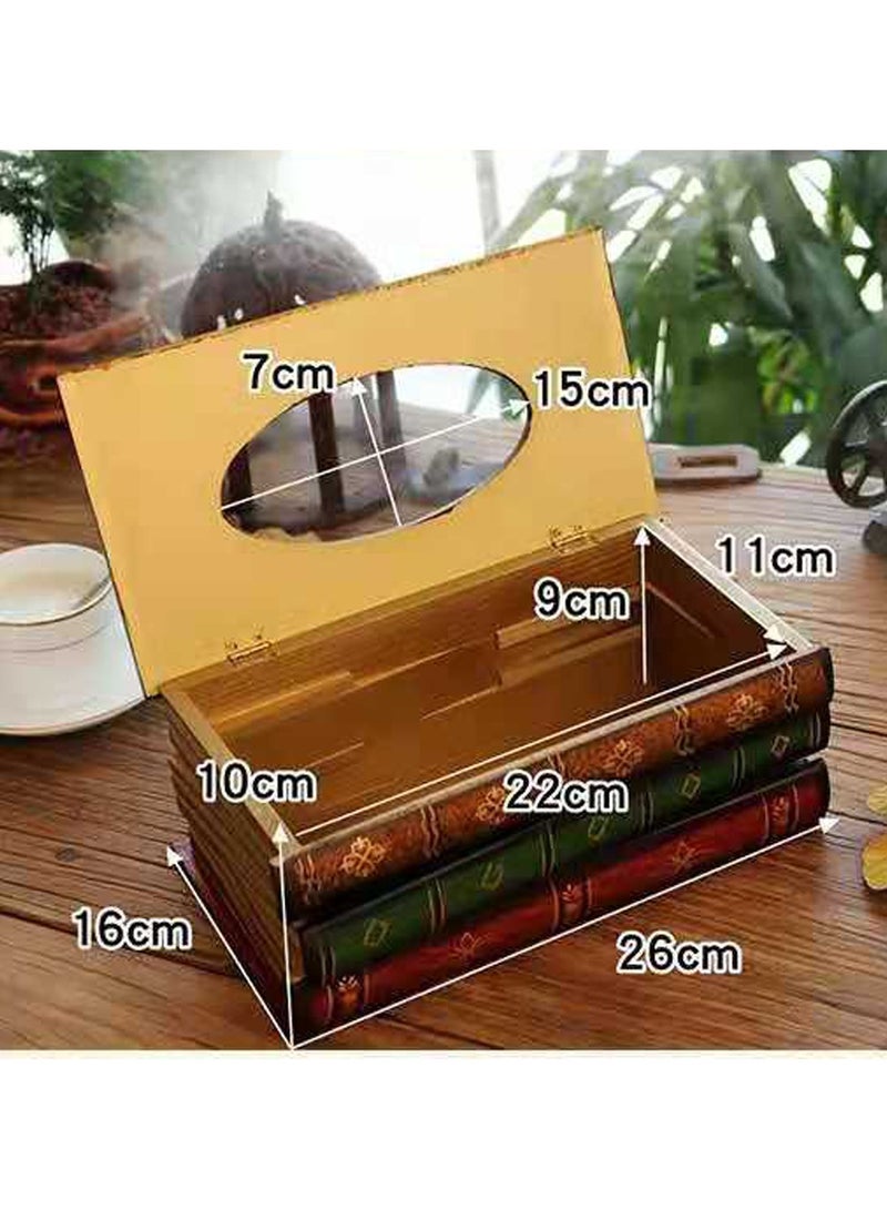 LINGWEI Wooden Tissue Box Antic Book Shaped Tissue Holder Decorative Tissue Case Tissue Storage Organizer Office and Home Decor Accent hand-painted Tissue Box For Home Office Restaurants - Image 4