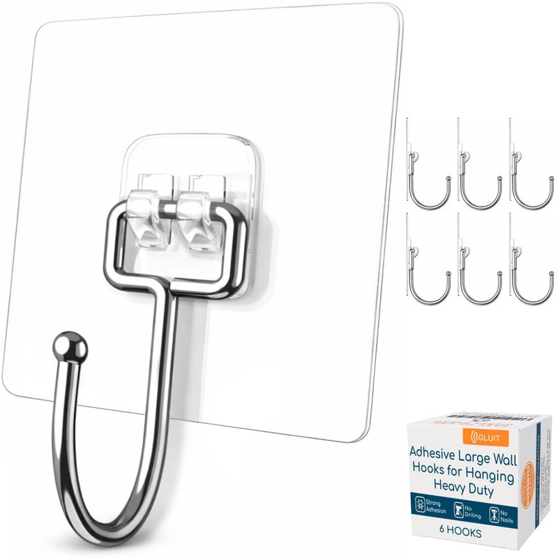 GLUIT Adhesive Large Wall Hooks for Hanging Heavy Duty 22 lbs Hooks for Walls No Drill, Towel Sticky Clear Hooks, Waterproof, Home, Bathroom, Kitchen, Office, and Outdoor 6 Pack - Image 1