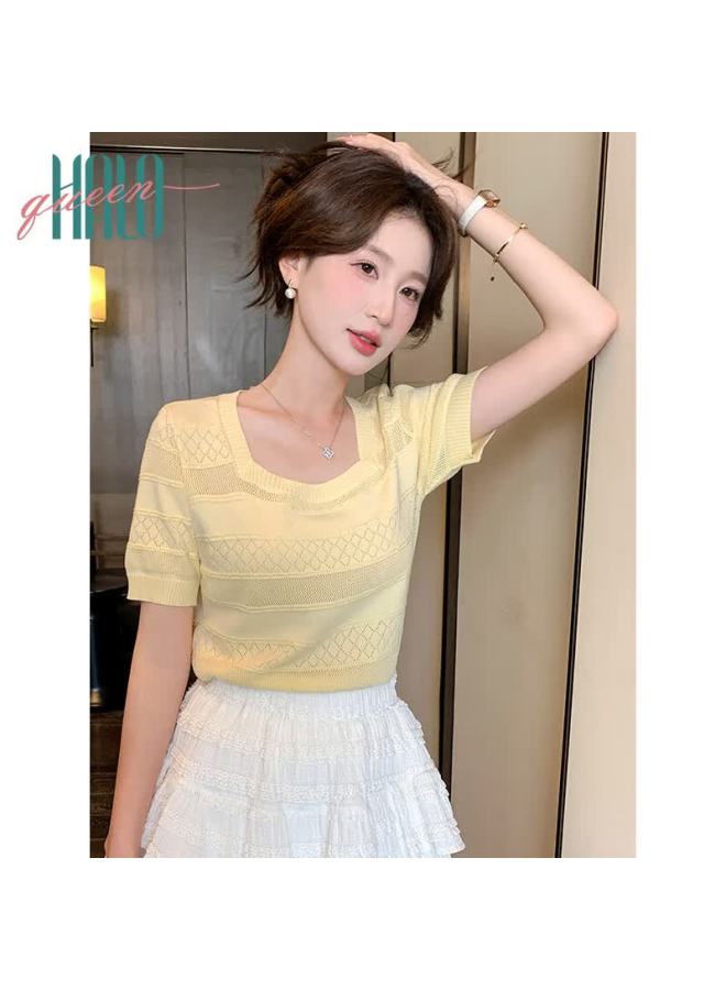 HALOQUEEN Halo Queen Knitted Short-sleeve T-shirt For Women, Summer New Square Neck Breathable Fashion Slimming Top H52t062 - Image 3