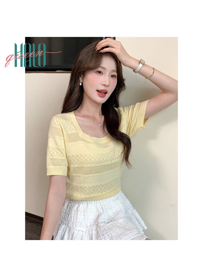 HALOQUEEN Halo Queen Knitted Short-sleeve T-shirt For Women, Summer New Square Neck Breathable Fashion Slimming Top H52t062 - Image 1