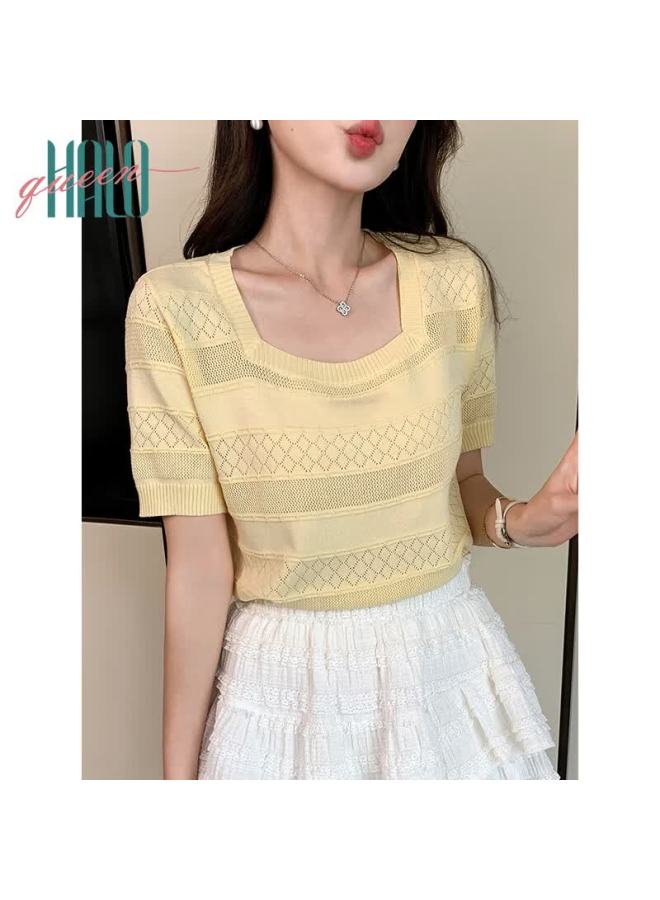 HALOQUEEN Halo Queen Knitted Short-sleeve T-shirt For Women, Summer New Square Neck Breathable Fashion Slimming Top H52t062 - Image 2