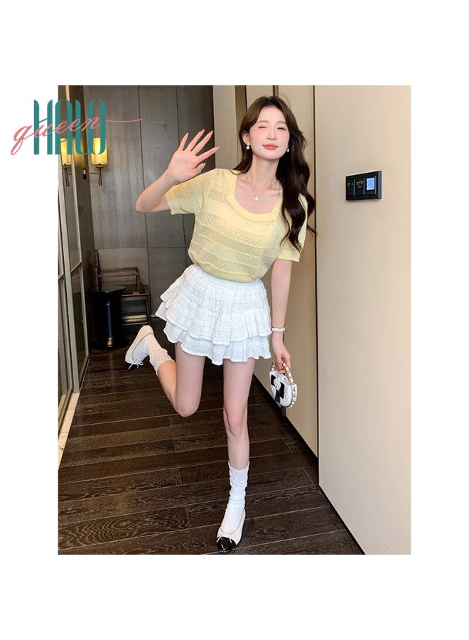 HALOQUEEN Halo Queen Knitted Short-sleeve T-shirt For Women, Summer New Square Neck Breathable Fashion Slimming Top H52t062 - Image 5