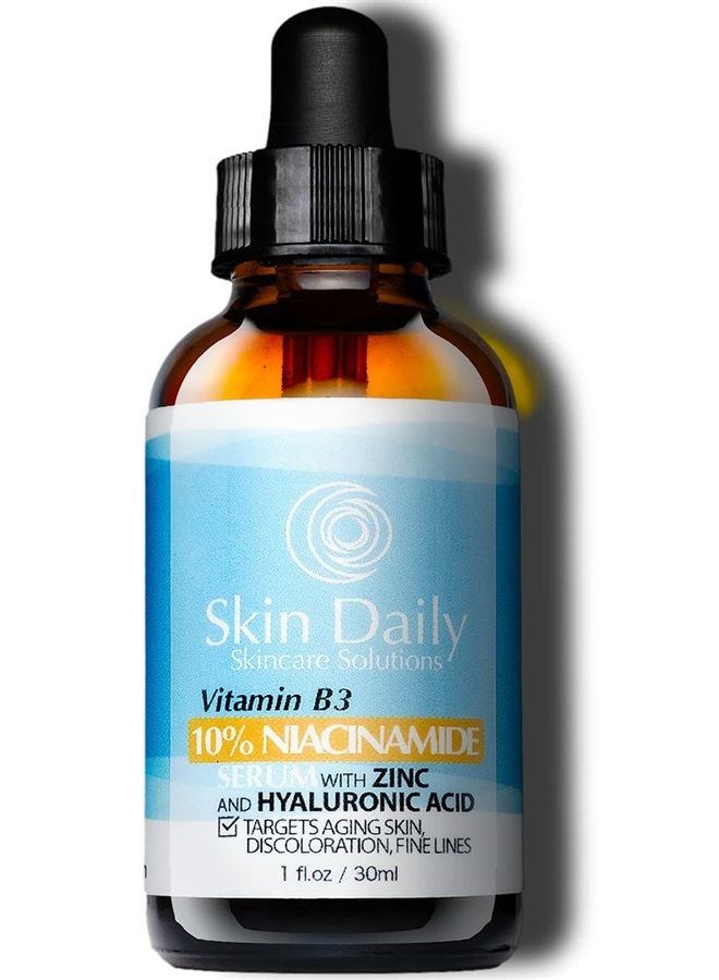 Skin Daily Skincare Solutions سيروم نياسيناميد للوجه من سكين دايلي - 1 أونصة - فيتامين ب3 لتقليل المسام - تركيز موصى به من أطباء الجلدية - يستهدف البشرة المتقدمة في السن، التجاعيد، البقع الداكنة - مرطب فائق وتفتيح البشرة - Image 1