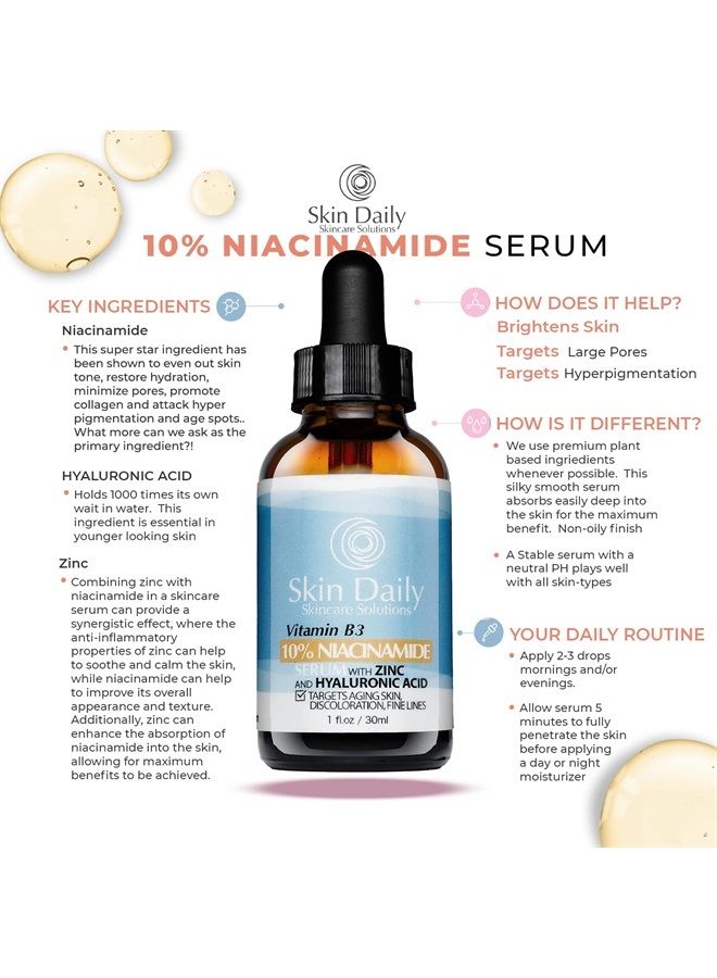 Skin Daily Skincare Solutions سيروم نياسيناميد للوجه من سكين دايلي - 1 أونصة - فيتامين ب3 لتقليل المسام - تركيز موصى به من أطباء الجلدية - يستهدف البشرة المتقدمة في السن، التجاعيد، البقع الداكنة - مرطب فائق وتفتيح البشرة - Image 4