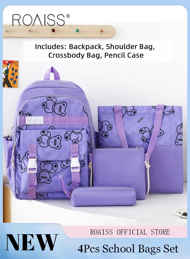 رويس مجموعة حقيبة ظهر كاجوال مكونة من 4 قطع للطلاب، بما في ذلك حقيبة الظهر وحقيبة القلم وحقيبة العملات المعدنية البسيطة واللطيفة ذات السعة الكبيرة والعملية من القماش على الظهر للأطفال مع طباعة رائعة - Image 1