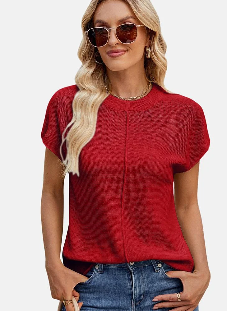 يونيكي Red Round Neck Plain Top