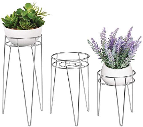 INDIAN DECOR 31144 Midcentury Modern Flower Pot Stand, Metal Succulent and Plant Pot Holder - Minimalist Outdoor & Indoor Plant Holder - Hairpin Legs - Sturdy - Silver (Pack of 3) - Image 1