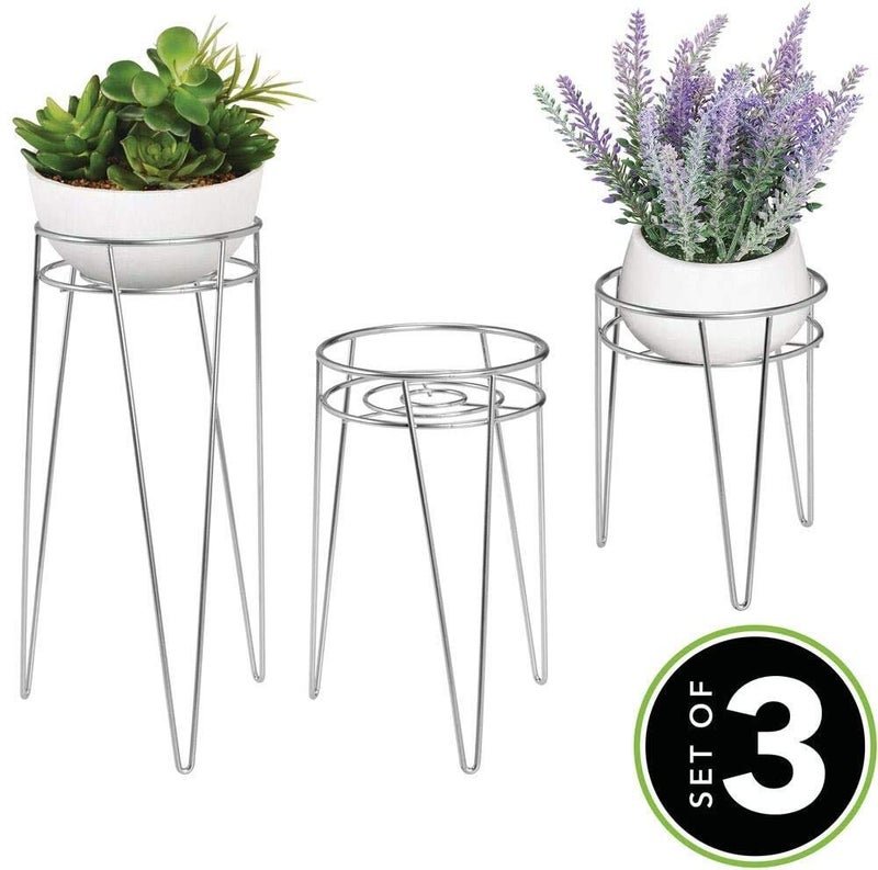 INDIAN DECOR 31144 Midcentury Modern Flower Pot Stand, Metal Succulent and Plant Pot Holder - Minimalist Outdoor & Indoor Plant Holder - Hairpin Legs - Sturdy - Silver (Pack of 3) - Image 2