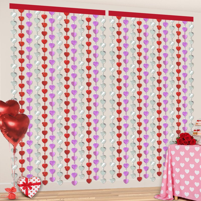 KaTiSeMo Valentines Decorations, 2 Pack Heart Foil Fringe Curtains 3.3x6.6ft, Red Purple Silver Tinsel Streamer Backdrop, Valentines Photo Backdrop for Party, Galentines, Birthday, Engagement - Image 1