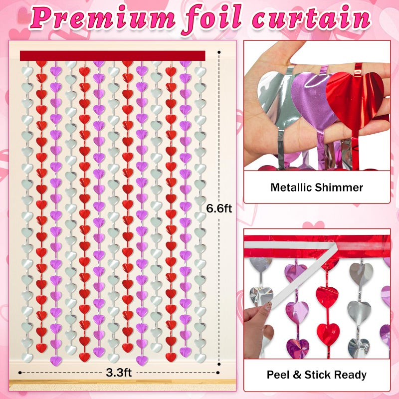 KaTiSeMo Valentines Decorations, 2 Pack Heart Foil Fringe Curtains 3.3x6.6ft, Red Purple Silver Tinsel Streamer Backdrop, Valentines Photo Backdrop for Party, Galentines, Birthday, Engagement - Image 2