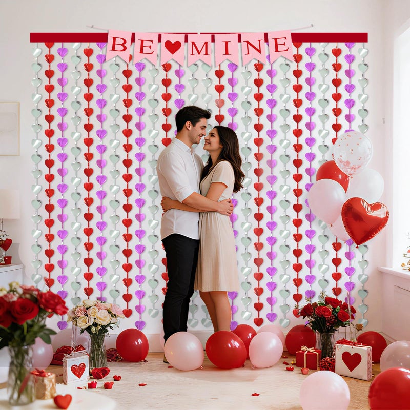 KaTiSeMo Valentines Decorations, 2 Pack Heart Foil Fringe Curtains 3.3x6.6ft, Red Purple Silver Tinsel Streamer Backdrop, Valentines Photo Backdrop for Party, Galentines, Birthday, Engagement - Image 4