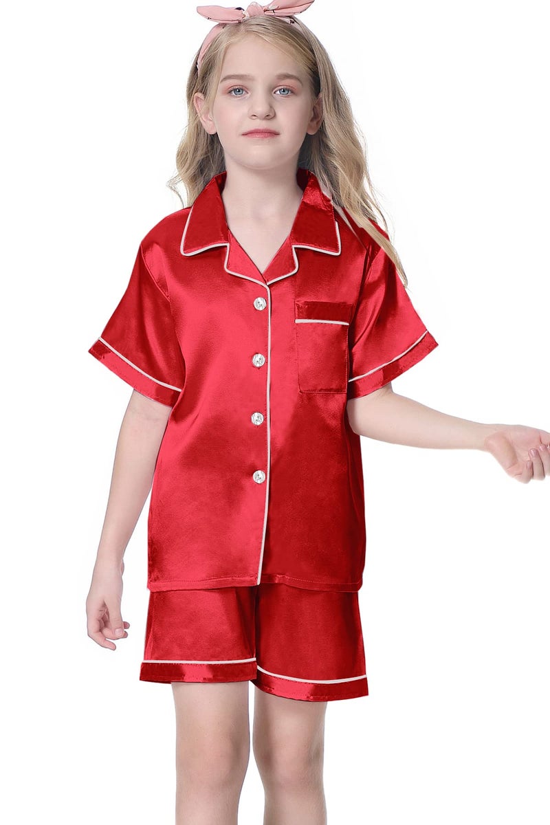 Umeyda Little & Big Boys Girls Kids Satin Pajamas Set 2 Pieces PJS Short Sleeve Button-Down Top + Shorts Sleepwear Loungewear, Red, 7-8 Years = Tag 140 - Image 3