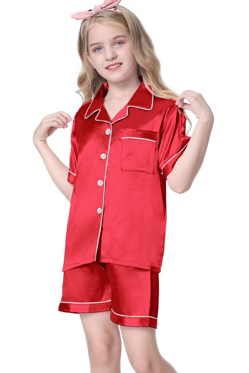 Umeyda Little & Big Boys Girls Kids Satin Pajamas Set 2 Pieces PJS Short Sleeve Button-Down Top + Shorts Sleepwear Loungewear, Red, 7-8 Years = Tag 140 - Image 2