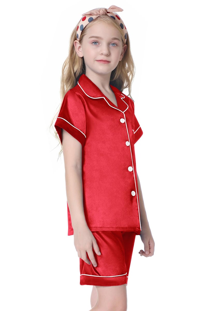 Umeyda Little & Big Boys Girls Kids Satin Pajamas Set 2 Pieces PJS Short Sleeve Button-Down Top + Shorts Sleepwear Loungewear, Red, 7-8 Years = Tag 140 - Image 4