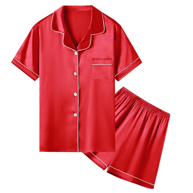 Umeyda Little & Big Boys Girls Kids Satin Pajamas Set 2 Pieces PJS Short Sleeve Button-Down Top + Shorts Sleepwear Loungewear, Red, 7-8 Years = Tag 140 - Image 1