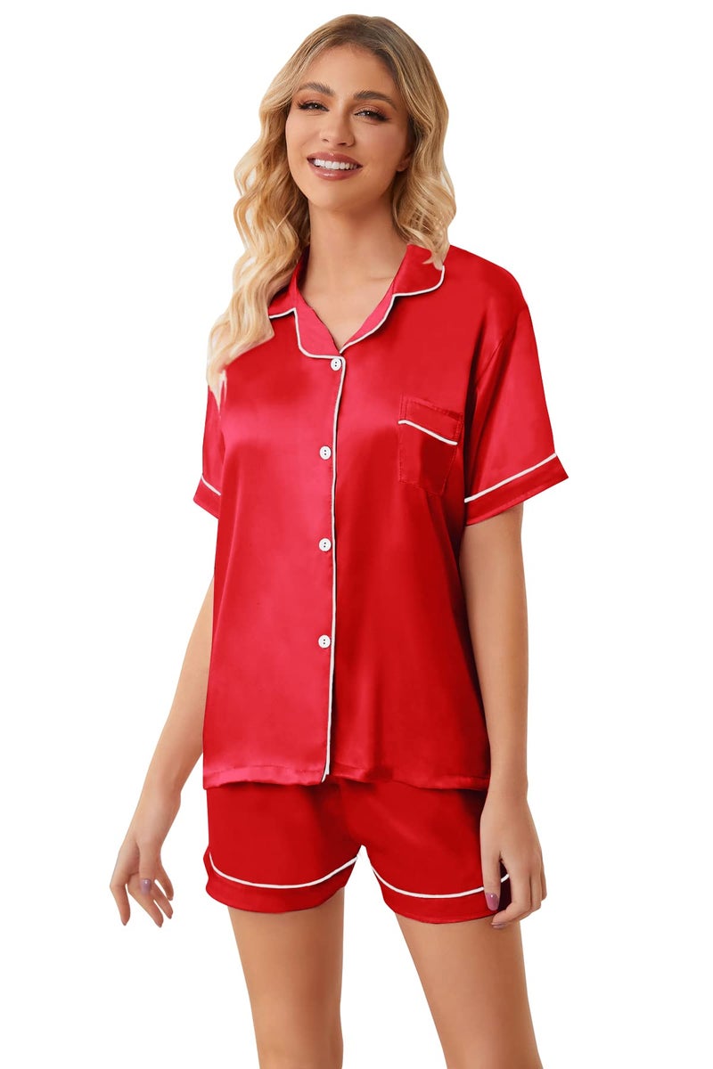 Umeyda Little & Big Boys Girls Kids Satin Pajamas Set 2 Pieces PJS Short Sleeve Button-Down Top + Shorts Sleepwear Loungewear, Red, 7-8 Years = Tag 140 - Image 5