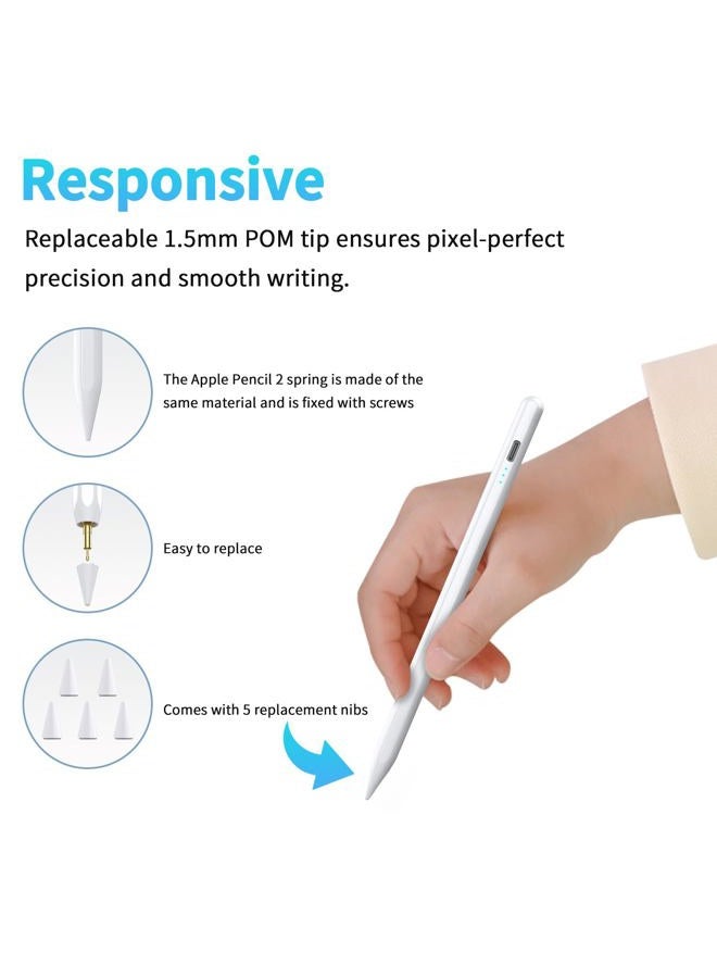 HZD Stylus Pen for iPad with Palm Rejection, Apple Pencil for (2018-2023) iPad Pro 11/12.9, iPad 10th/9th/8th/7th/6th Gen, iPad Air 5th/4th/3rd Gen,iPad Mini 6/5 with 4ps Nibs (White) - Image 5
