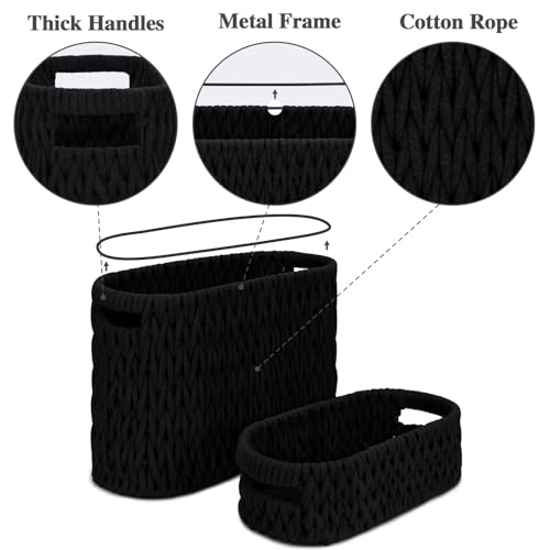 Jukercici Boho Toilet Paper Storage Baskets, Cotton Rope Woven Bathroom Basket Set of 2, Standing Toilet Paper Holder for 6 Mega Rolls,Storage Bins for Toilet Tank Top, Bathroom Organizer Decor (Black 2 Pack) - Image 2